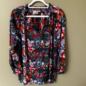 Rungolee XL Silk Top Louise Full‎ Sleeve Tie Neck Bohemian Colorful Boho